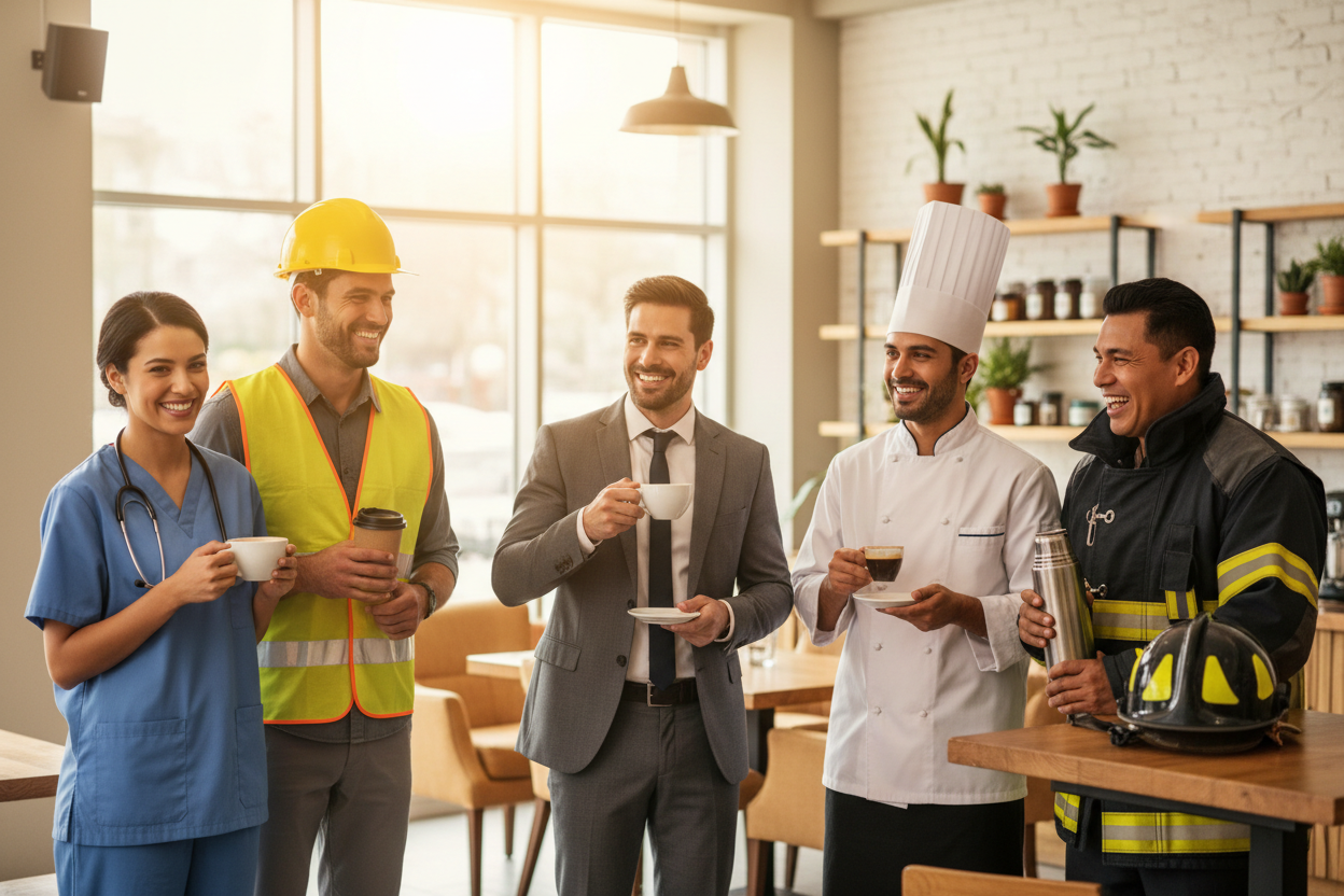 different occupations drinking coffee with no text for website header